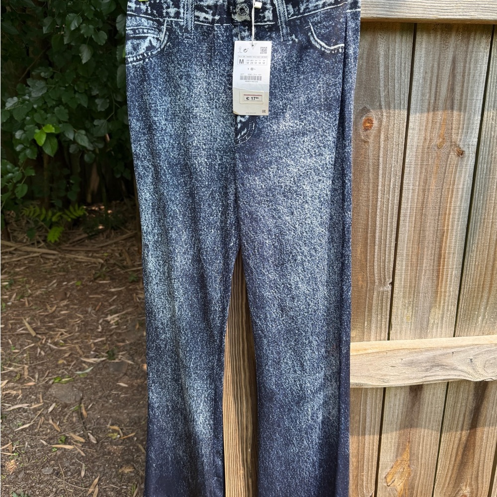 Zara denim print mesh flare pants